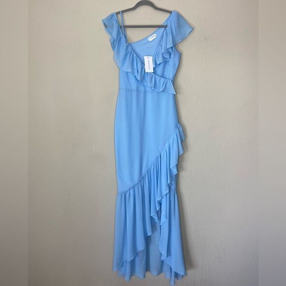 NWT Lovers + Friends Karen Maxi Blue Dress Sheer Asymmetrical Size S - Picture 6 of 9